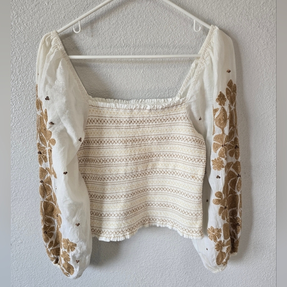 Anthropologie | White Gold Floral Embroidered Smocked Puff Sleeve Peasant Top S - Picture 2 of 12